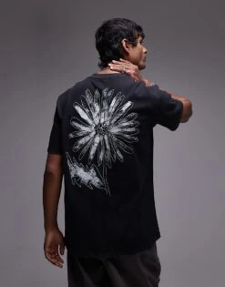 Topman Premium Oversized Fit T-shirt With Front And Back Linear Floral Print And Embroidery In Washed Black For Men -Daily Wardrobe Shop 207281600 4