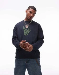 Topman Oversized Fit Sweatshirt With Front And Back Tulip Chenille Embroidery In Navy For Men -Daily Wardrobe Shop 207286699 1 navy 1