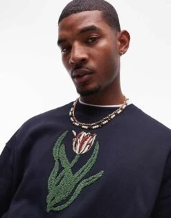 Topman Oversized Fit Sweatshirt With Front And Back Tulip Chenille Embroidery In Navy For Men -Daily Wardrobe Shop 207286699 3