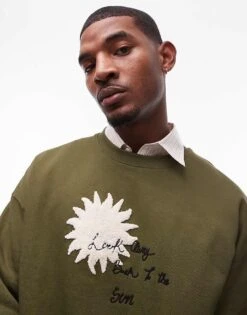 Topman Oversized Fit Sweatshirt With Front And Back Sun And Words Chenille Embroidery In Khaki For Men 11 Topman Oversized Fit Sweatshirt With Front And Back Sun And Words Chenille Embroidery In Khaki For Men -Daily Wardrobe Shop 207293959 1 khaki 1