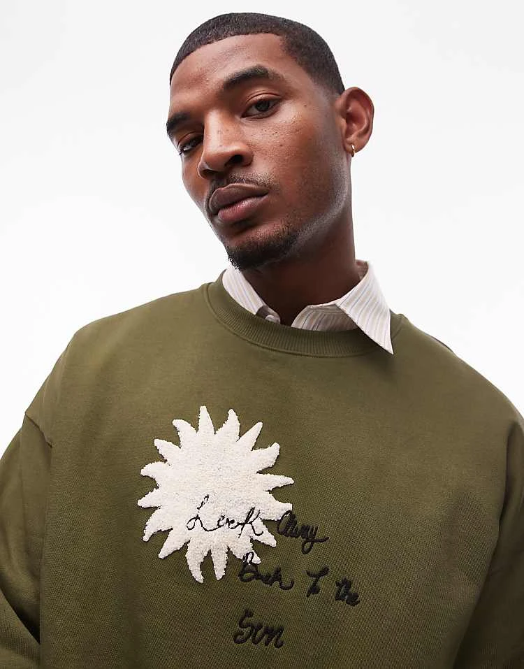 Topman Oversized Fit Sweatshirt With Front And Back Sun And Words Chenille Embroidery In Khaki For Men 7 Topman Oversized Fit Sweatshirt With Front And Back Sun And Words Chenille Embroidery In Khaki For Men - Image 5