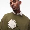 Topman Oversized Fit Sweatshirt With Front And Back Sun And Words Chenille Embroidery In Khaki For Men