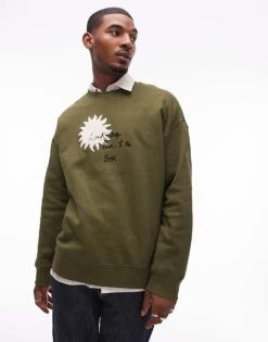 Topman Oversized Fit Sweatshirt With Front And Back Sun And Words Chenille Embroidery In Khaki For Men 9 Topman Oversized Fit Sweatshirt With Front And Back Sun And Words Chenille Embroidery In Khaki For Men -Daily Wardrobe Shop 207293959 3