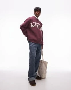 Topman Oversized Fit Sweatshirt With Austin Chenille Embroidery In Burgundy For Men