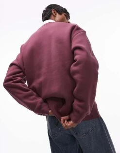 Topman Oversized Fit Sweatshirt With Austin Chenille Embroidery In Burgundy For Men -Daily Wardrobe Shop 207293967 3