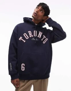 Topman Oversized Fit Hoodie With Toronto Applique Embroidery In Navy For Men