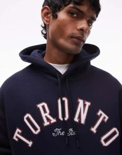Topman Oversized Fit Hoodie With Toronto Applique Embroidery In Navy For Men -Daily Wardrobe Shop 207293983 3