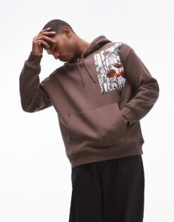 Topman Oversized Fit Hoodie With Floral Patch Print And Embroidery In Brown For Men