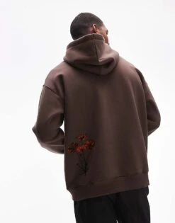 Topman Oversized Fit Hoodie With Floral Patch Print And Embroidery In Brown For Men -Daily Wardrobe Shop 207293996 3