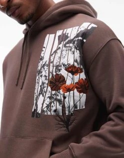 Topman Oversized Fit Hoodie With Floral Patch Print And Embroidery In Brown For Men -Daily Wardrobe Shop 207293996 4
