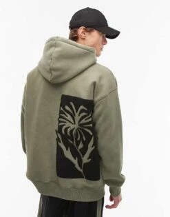 Topman Oversized Fit Hoodie With Front And Back Floral Block Chenille Embroidery In Washed Khaki For Men