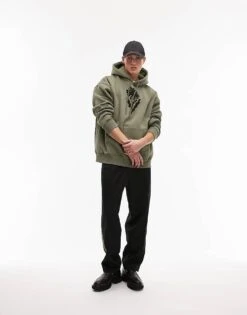 Topman Oversized Fit Hoodie With Front And Back Floral Block Chenille Embroidery In Washed Khaki For Men -Daily Wardrobe Shop 207295134 3