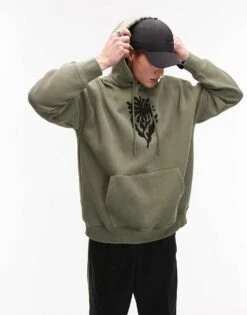 Topman Oversized Fit Hoodie With Front And Back Floral Block Chenille Embroidery In Washed Khaki For Men -Daily Wardrobe Shop 207295134 4