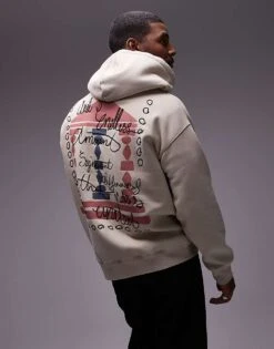 Topman Oversized Fit Hoodie With Front And Back Block Column Print And Embroidery In Washed Stone For Men