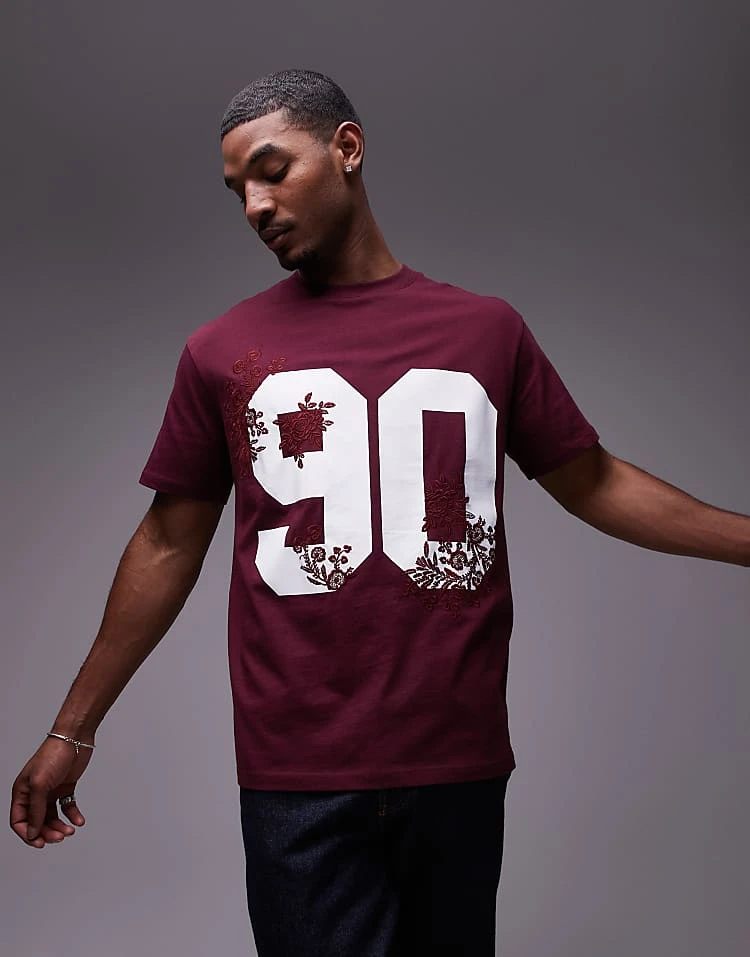 Topman Premium Oversized Fit T-shirt With 90 Floral Print And Embroidery In Burgundy For Men 7 Topman Premium Oversized Fit T-shirt With 90 Floral Print And Embroidery In Burgundy For Men - Image 5
