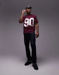 Topman Premium Oversized Fit T-shirt With 90 Floral Print And Embroidery In Burgundy For Men 8 Topman Premium Oversized Fit T-shirt With 90 Floral Print And Embroidery In Burgundy For Men -Daily Wardrobe Shop 207297812 2