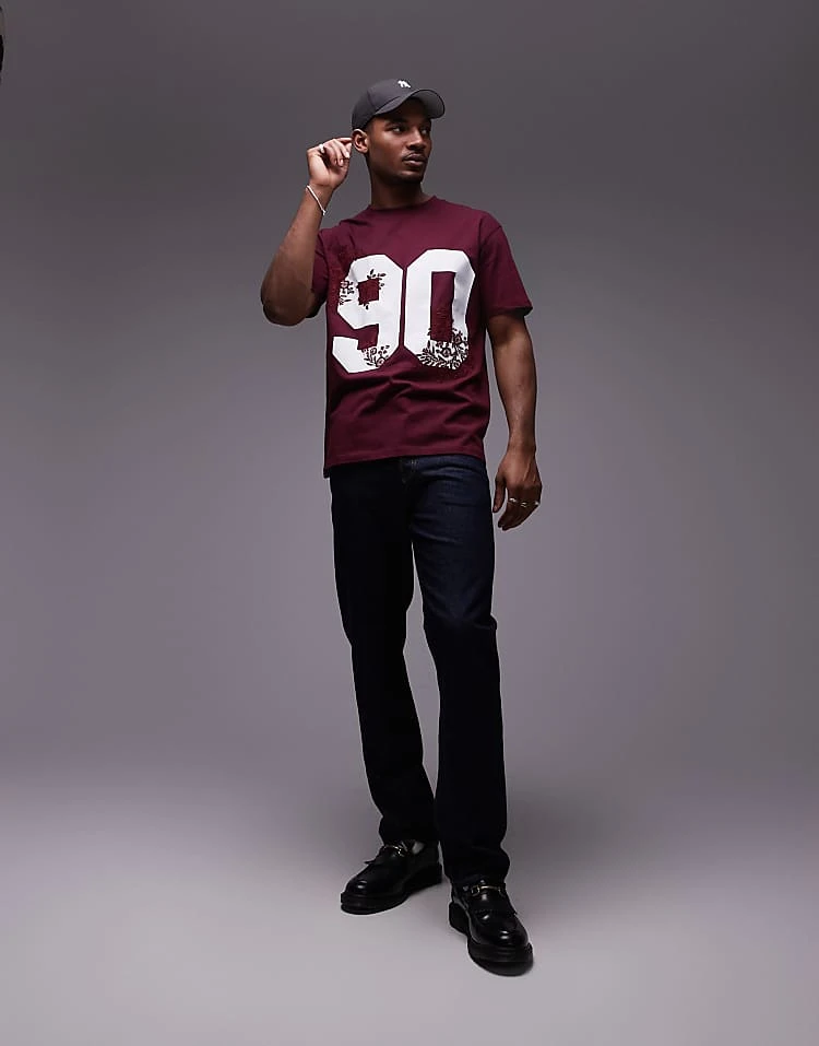 Topman Premium Oversized Fit T-shirt With 90 Floral Print And Embroidery In Burgundy For Men 4 Topman Premium Oversized Fit T-shirt With 90 Floral Print And Embroidery In Burgundy For Men - Image 2