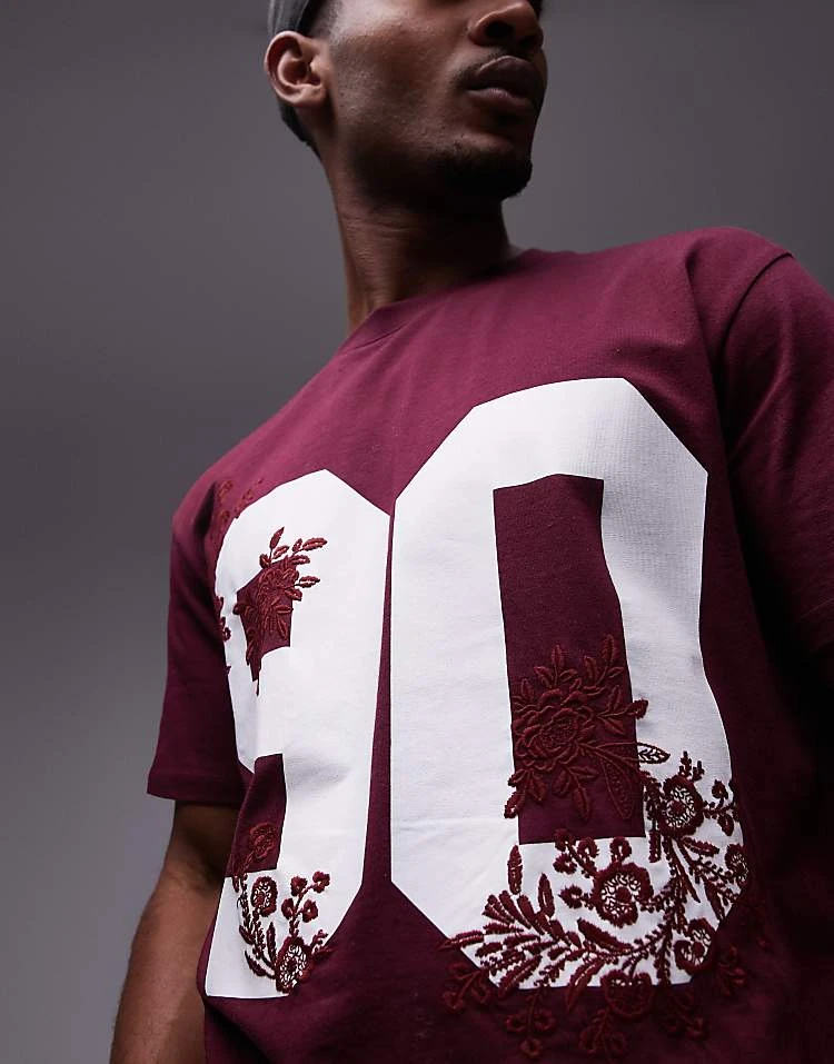 Topman Premium Oversized Fit T-shirt With 90 Floral Print And Embroidery In Burgundy For Men 6 Topman Premium Oversized Fit T-shirt With 90 Floral Print And Embroidery In Burgundy For Men - Image 4