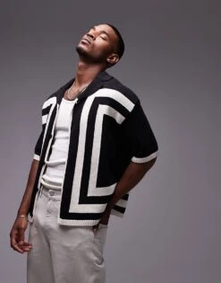 Topman Knitted Crochet Vertical Stripe Button Through Shirt In Black For Men