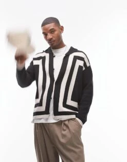 Topman Knitted Crochet Vertical Stripe Button Through Long Sleeve Shirt In Black For Men