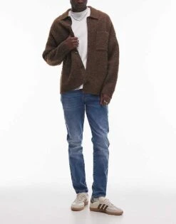 Topman Stretch Skinny Jeans In Mid Wash Blue For Men