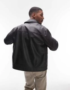 Topman Faux Leather Jacket With Front Pockets In Black For Men -Daily Wardrobe Shop 207377036 3
