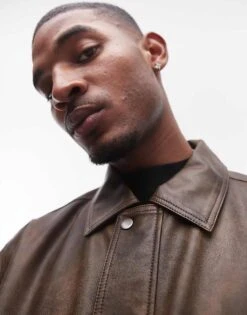 Topman Faux Leather Jacket With Front Pockets In Brown For Men -Daily Wardrobe Shop 207377037 3