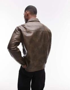 Topman Faux Leather Jacket With Front Pockets In Brown For Men -Daily Wardrobe Shop 207377037 4