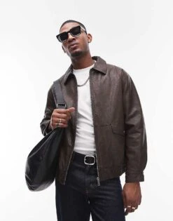 Topman Faux Leather Harrington Jacket In Brown For Men -Daily Wardrobe Shop 207377045 1 brown 1