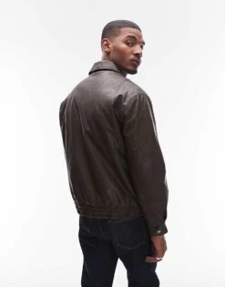 Topman Faux Leather Harrington Jacket In Brown For Men -Daily Wardrobe Shop 207377045 3