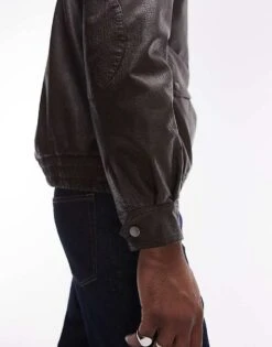 Topman Faux Leather Harrington Jacket In Brown For Men -Daily Wardrobe Shop 207377045 4