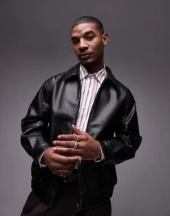 Topman Faux Leather Harrington Jacket In Black For Men -Daily Wardrobe Shop 207378452 3