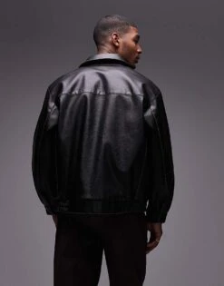 Topman Faux Leather Harrington Jacket In Black For Men -Daily Wardrobe Shop 207378452 4