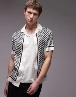 Topman Short Sleeve Geo Satin Shirt In Black For Men -Daily Wardrobe Shop 207399141 1 black 1