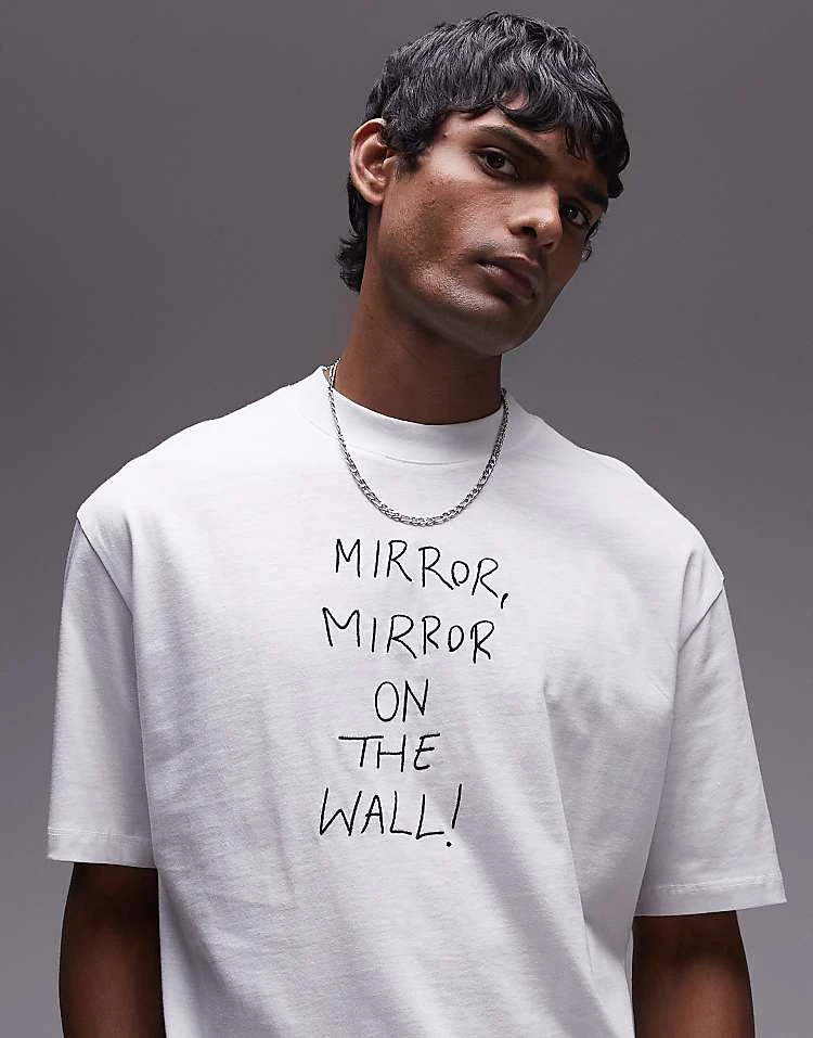 Topman Oversized Fit T-shirt With Mirror Mirror Embroidery In White For Men 7 Topman Oversized Fit T-shirt With Mirror Mirror Embroidery In White For Men - Image 5