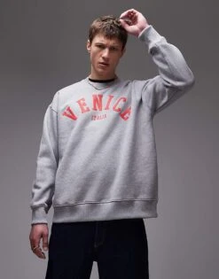 Topman Oversized Fit Sweatshirt With Venice Textured Print In Grey Marl For Men