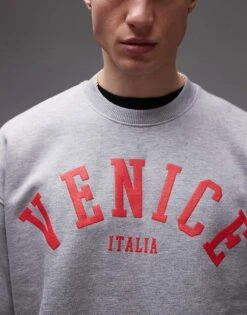 Topman Oversized Fit Sweatshirt With Venice Textured Print In Grey Marl For Men -Daily Wardrobe Shop 207411230 3