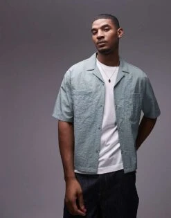 Topman Short Sleeve Cropped Boxy Fit Technical Shirt In Green For Men Mig Green