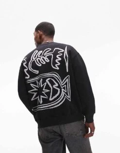 Topman Oversized Fit Sweatshirt With Front And Back Abstract Motif Textured Print In Black For Men