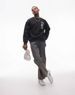 Topman Oversized Fit Sweatshirt With Front And Back Abstract Motif Textured Print In Black For Men -Daily Wardrobe Shop 207424954 4