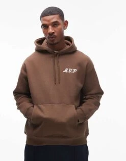Topman Oversized Fit Hoodie With Front And Back MVP Embroidery In Brown For Men -Daily Wardrobe Shop 207424955 4