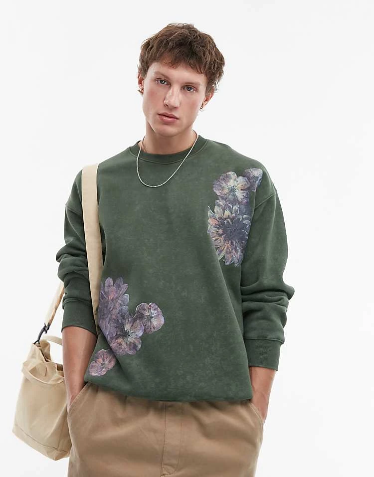Topman Oversized Fit Sweatshirt With Front And Back Floral Motif Print In Washed Green For Men 7 Topman Oversized Fit Sweatshirt With Front And Back Floral Motif Print In Washed Green For Men - Image 5