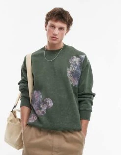 Topman Oversized Fit Sweatshirt With Front And Back Floral Motif Print In Washed Green For Men