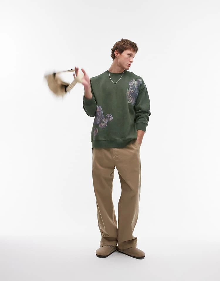 Topman Oversized Fit Sweatshirt With Front And Back Floral Motif Print In Washed Green For Men 4 Topman Oversized Fit Sweatshirt With Front And Back Floral Motif Print In Washed Green For Men - Image 2