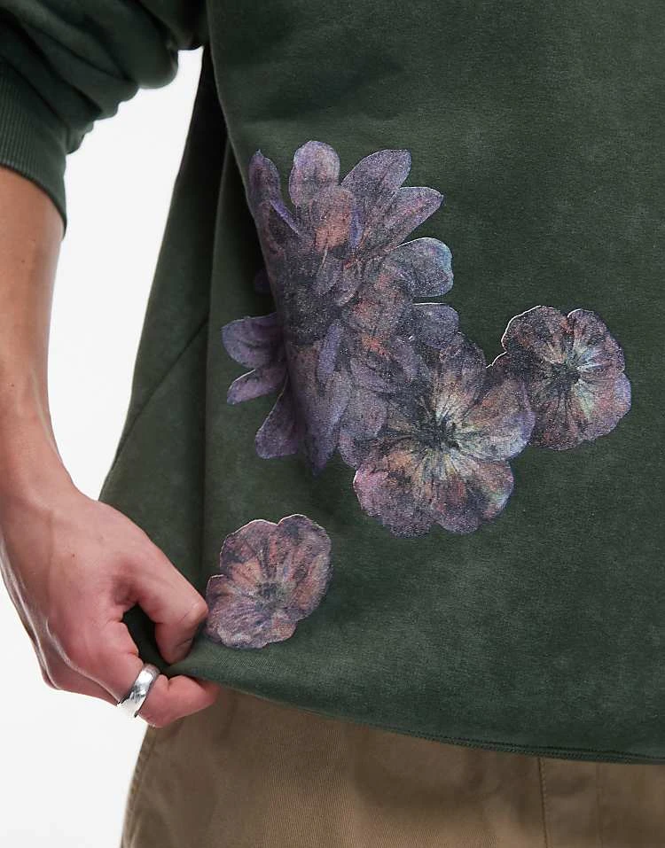 Topman Oversized Fit Sweatshirt With Front And Back Floral Motif Print In Washed Green For Men 5 Topman Oversized Fit Sweatshirt With Front And Back Floral Motif Print In Washed Green For Men - Image 3