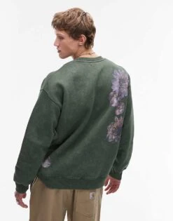 Topman Oversized Fit Sweatshirt With Front And Back Floral Motif Print In Washed Green For Men 10 Topman Oversized Fit Sweatshirt With Front And Back Floral Motif Print In Washed Green For Men -Daily Wardrobe Shop 207425026 4