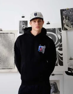 Topman X Becky Baier Oversized Fit Hoodie With Front And Back Patch Print And Embroidery In Black For Men Washed Black -Daily Wardrobe Shop 207433891 3