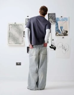 Topman X Becky Baier Premium Heavyweight Oversized Fit T-shirt With Hand Print And Embroidery In Charcoal For Men -Daily Wardrobe Shop 207433892 4