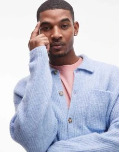 Topman Relaxed Fit Brushed Collared Cardigan In Light Blue For Men