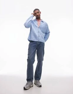 Topman Relaxed Fit Brushed Collared Cardigan In Light Blue For Men -Daily Wardrobe Shop 207447826 3